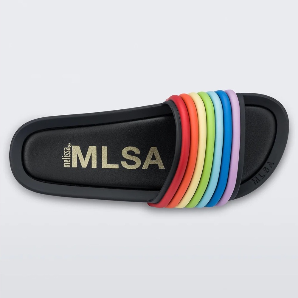 MLSA Melissa Black Rainbow Stripe Pride Slides
